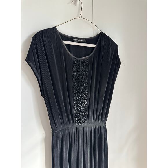 Virginie Paris Floral Micropleated Dress Black Made in France Statement SZ L - Picture 3 of 9